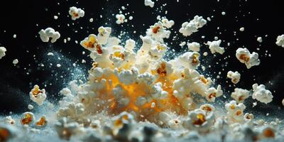 Popcorn bursts dramatically in a powerful explosion against a dark background during a creative photography session photo