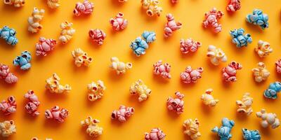 Colorful popcorn arranged on a bright yellow surface creates a cheerful display for a festive event or snack time photo