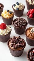 Dozens of chocolate desserts arranged in small cups showcasing a variety of toppings and textures photo