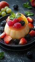 Delightful dessert featuring panna cotta topped with fresh berries and mint on a dark background photo