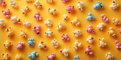 Colorful popcorn scattered on a bright yellow surface, perfect for festive occasions and gatherings photo