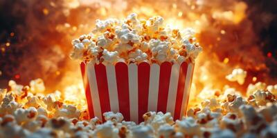Popcorn bursting with flavor surrounded by a fiery glow at a movie night event in a cozy living room setting photo
