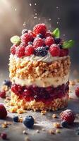 Delicious layered dessert topped with fresh berries and mint on a rustic surface in natural light photo