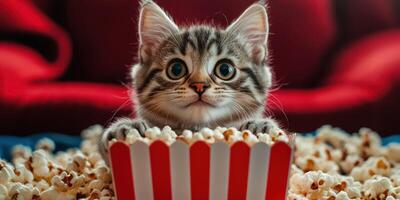 Cute kitten enjoys popcorn while relaxing on a couch in a cozy living room setting during the evening photo