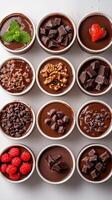 Chocolate dessert cups arranged on a white surface with various toppings ready for a sweet tasting at a culinary event photo