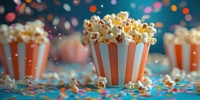 Colorful popcorn buckets filled with fluffy popcorn surrounded by confetti on a bright blue background during a festive celebration photo