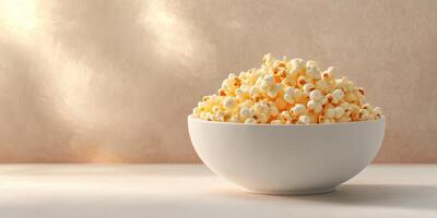 Bowl of freshly popped popcorn on a clean surface with a subtle textured background photo