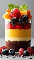 Colorful layered dessert with fresh fruits and chocolate on a gray background during daylight photo