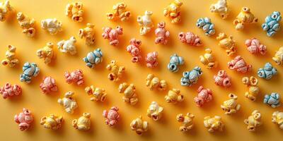 Colorful popcorn shapes arranged artistically on a bright yellow background create a playful and vibrant display photo