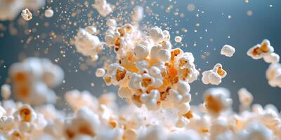 Fluffy popcorn kernels exploding in an airy space during a cinematic event special photo