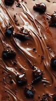 Chocolate drizzles cascade over a smooth surface creating an enticing dessert aesthetic photo