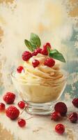 Delicious dessert featuring creamy custard topped with fresh raspberries and cherries in a glass bowl photo