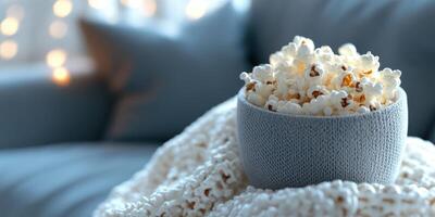 Freshly popped popcorn in cozy setting with soft textures and warm lights during a relaxing evening photo