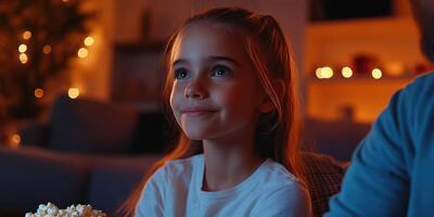 Young girl enjoying a cozy movie night with popcorn and warm lights in a comfortable living room photo