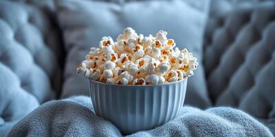Freshly popped popcorn sits in a bowl on a cozy blanket in a softly lit living room while someone prepares for a movie night photo