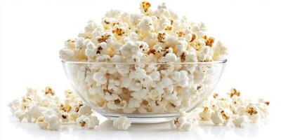 Freshly popped popcorn fills a clear bowl with scattered kernels on a bright surface photo