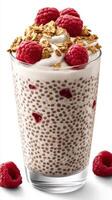 Creamy chia pudding topped with fresh raspberries and granola for a healthy treat photo