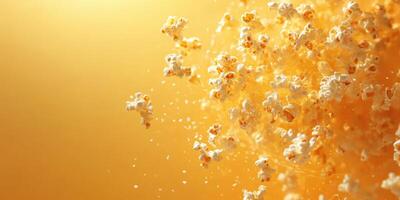 Popcorn kernels bursting open in a vibrant yellow background capturing the essence of snacks and movie nights photo