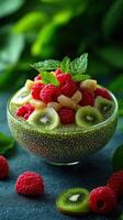 Fresh fruit and chia seed bowl with vibrant colors and textures at a cozy kitchen setting on a sunny day photo