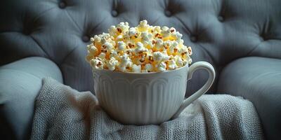 Enjoying a large bowl of fluffy popcorn on a cozy couch in a well-lit living room during movie night photo