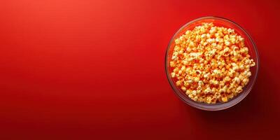 Freshly popped popcorn in a clear bowl on a vibrant red background for movie night snacks photo
