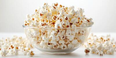 Freshly popped popcorn served in a clear bowl, ready for a movie night or snack time at home photo