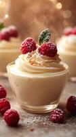 Dessert featuring creamy mousse topped with fresh raspberries and mint on a cozy table photo