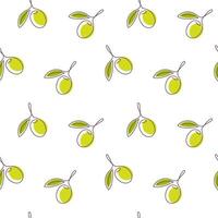 Olive seamless pattern with green olives berries and leaves in one continuous line drawing style. Perfect for olive oil packaging, wrapping paper, kitchen textile and so on vector