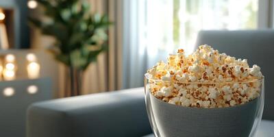 Bowl of freshly popped popcorn sits on a couch in a cozy living room during a movie night photo