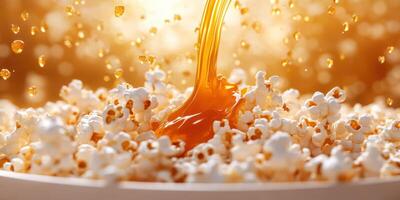 Delicious caramel sauce being drizzled over freshly popped popcorn in a warm, inviting setting photo