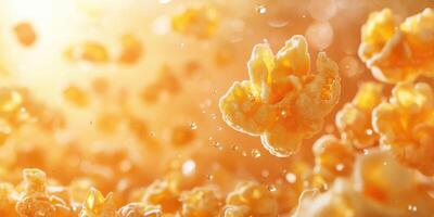 Popcorn kernels bursting into fluffy pieces against a warm, golden background during a lively movie night experience photo