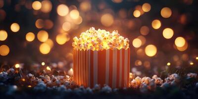 Popcorn container illuminated by warm light surrounded by soft bokeh effect at an outdoor movie night photo