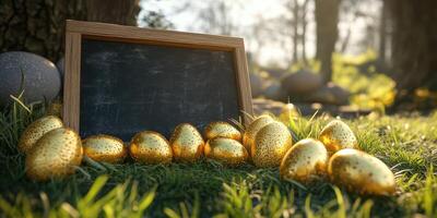 Golden eggs nestled on grass beside a wooden chalkboard in a tranquil outdoor setting during daylight photo