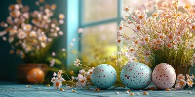 Colorful Easter eggs alongside blooming flowers in a sunlit room create a festive spring atmosphere photo