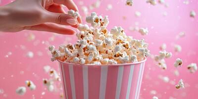 Hand reaching for fresh popcorn in a striped bucket against a pink background during a fun movie night photo