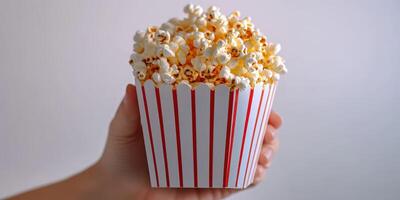 Freshly popped popcorn served in a classic striped container ready for movie night enjoyment at home photo