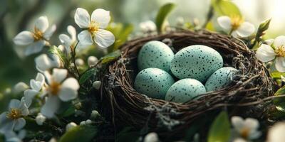 Blue speckled eggs nestled in a bird's nest surrounded by blooming flowers in a serene garden setting photo