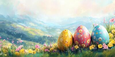 Colorful Easter eggs in a blooming meadow with mountains in the background during a spring afternoon photo