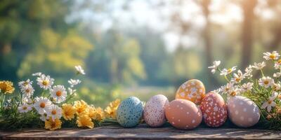 Colorfully decorated Easter eggs arranged among wildflowers in a sunny garden setting photo