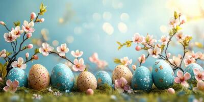 Colorful Easter eggs and blooming cherry blossoms create a festive spring atmosphere in a serene garden setting photo