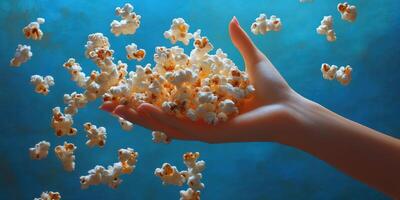 Popcorn is scattered from a hand against a vibrant blue background in a playful and artistic display of snacks photo