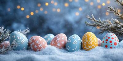 Colorful decorated eggs resting on snow with twinkling lights in the background during winter celebration photo