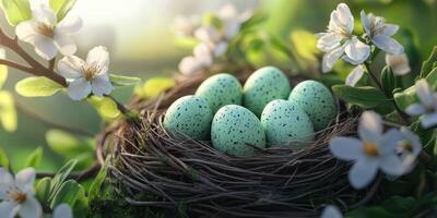 Nest with speckled green eggs surrounded by delicate white flowers in a serene garden setting during springtime photo
