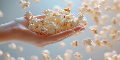 Hand reaching to catch flying popcorn during a fun movie night at home with friends in the evening photo