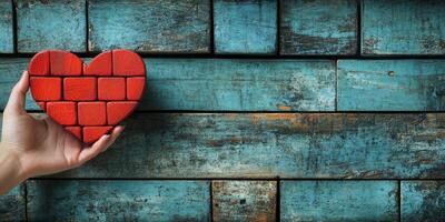 Hand holding a red heart made of blocks against a weathered blue wooden background photo