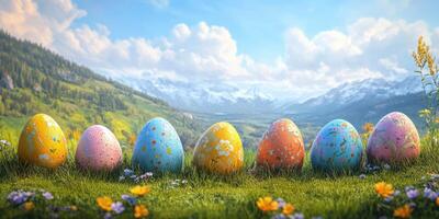 Colorful decorated eggs lined up in a scenic spring meadow with mountains in the background photo