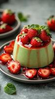 Delicious green dessert topped with fresh strawberries and raspberry sauce on a gray background photo