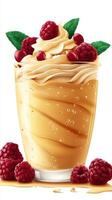 Creamy raspberry dessert drink in a clear glass topped with fresh raspberries and mint leaves photo