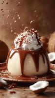 Chocolate dessert with whipped cream and coconut garnish on a rustic wooden table photo