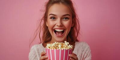 Smiling young woman holding a large bowl of popcorn against a pink background enjoying movie night photo
